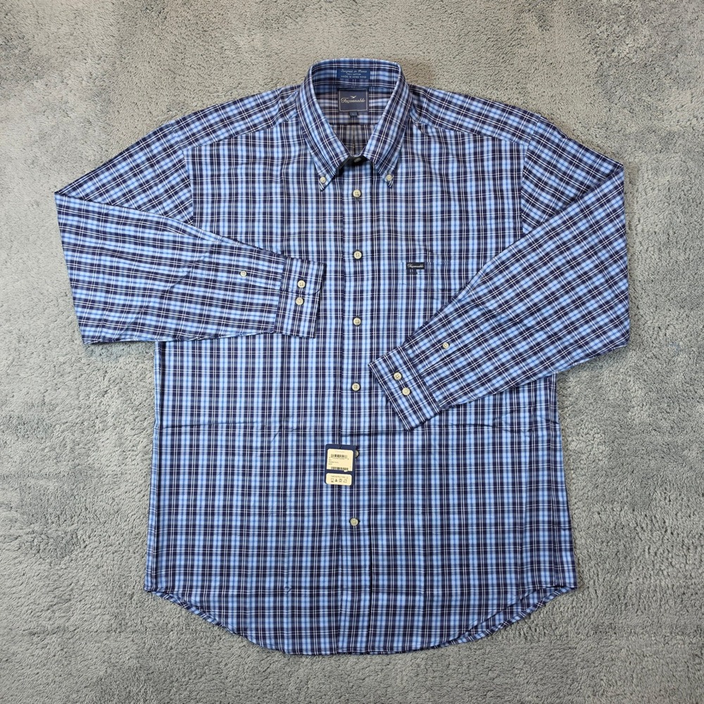 Vintage Faconnable Shirt Mens Large Navy Blue Plaid 100 Cotton Button Down NWT